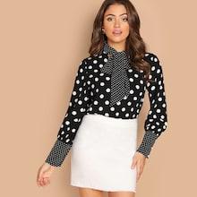 Shein Tie Neck Bishop Sleeve Polka Dot Top