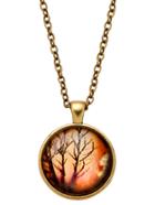 Shein Bronze Black Tree Print Glass Pendant Necklace