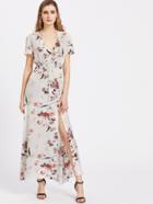 Shein Flower Print Button Front Tassel Tied Smocked Waist Dress