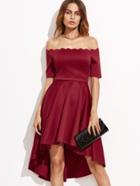 Shein Burgundy Scallop Off The Shoulder High Low Skater Dress