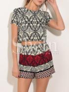 Shein Vintage Print Crop Blouse With Shorts