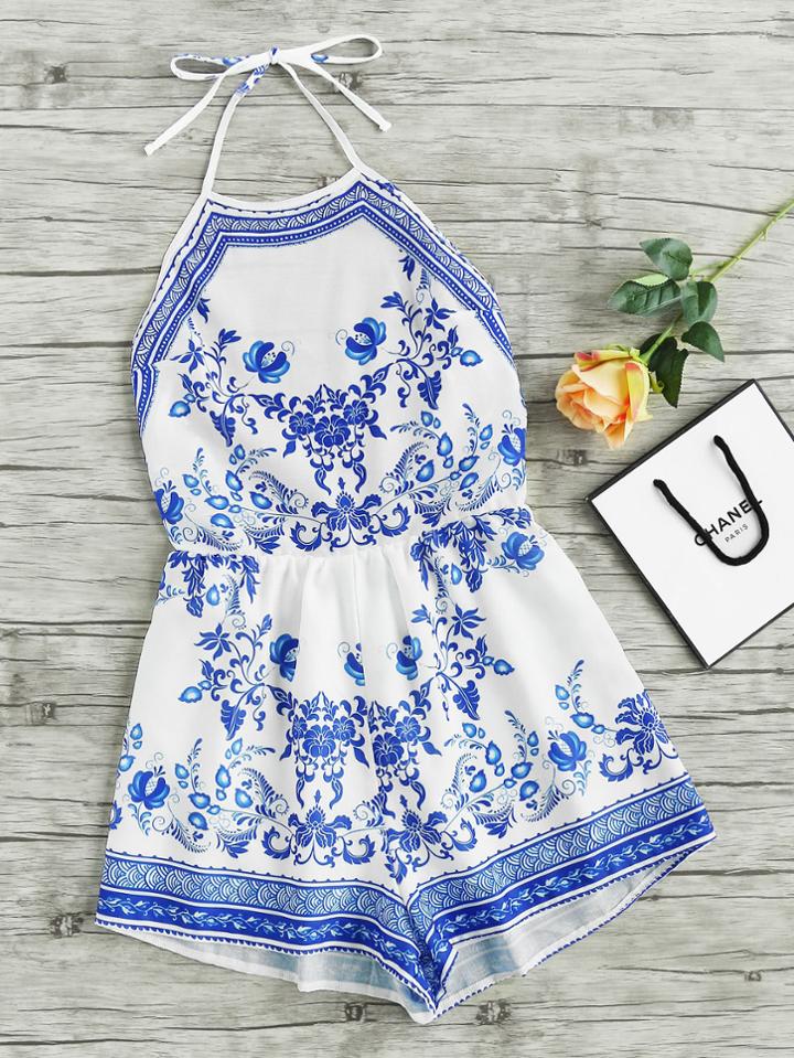 Shein Halterneck China Print Playsuit