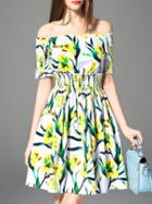 Shein Green Off The Shoulder Elastic-waist Print Dress