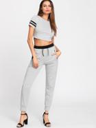 Shein Striped Sleeve Crop Top & Sweatpants Set