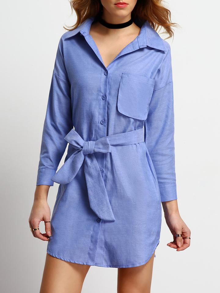 Shein Blue Lapel Tie-waist Pocket Shirt Dress