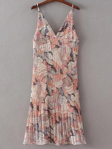 Shein Multicolor Floral Print Backless Spaghetti Strap Midi Dress
