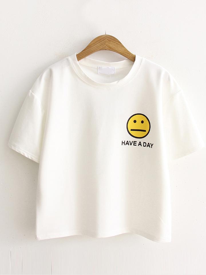 Shein White Emoji And Letter Print T-shirt