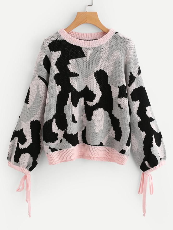 Shein Bow Tie Cuff Camo Sweater