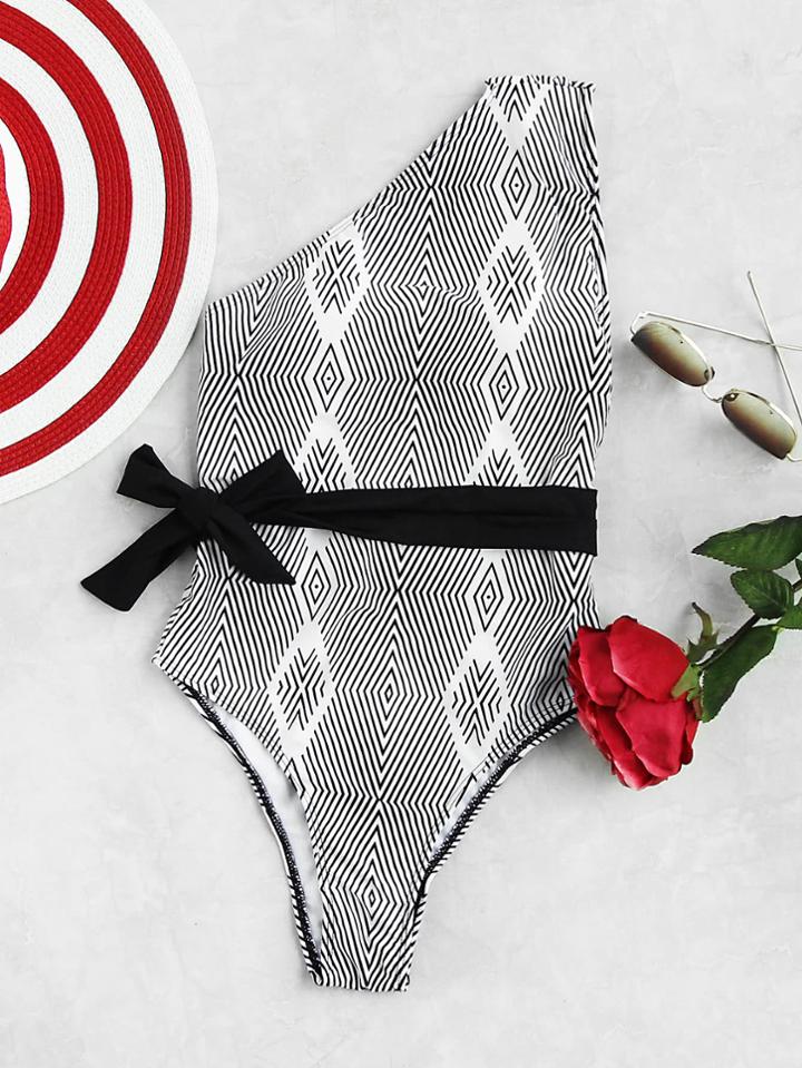 Shein Geometric Striped One Shoulder Swimsuit With Self Tie