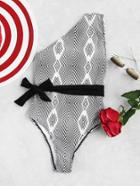 Shein Geometric Striped One Shoulder Swimsuit With Self Tie