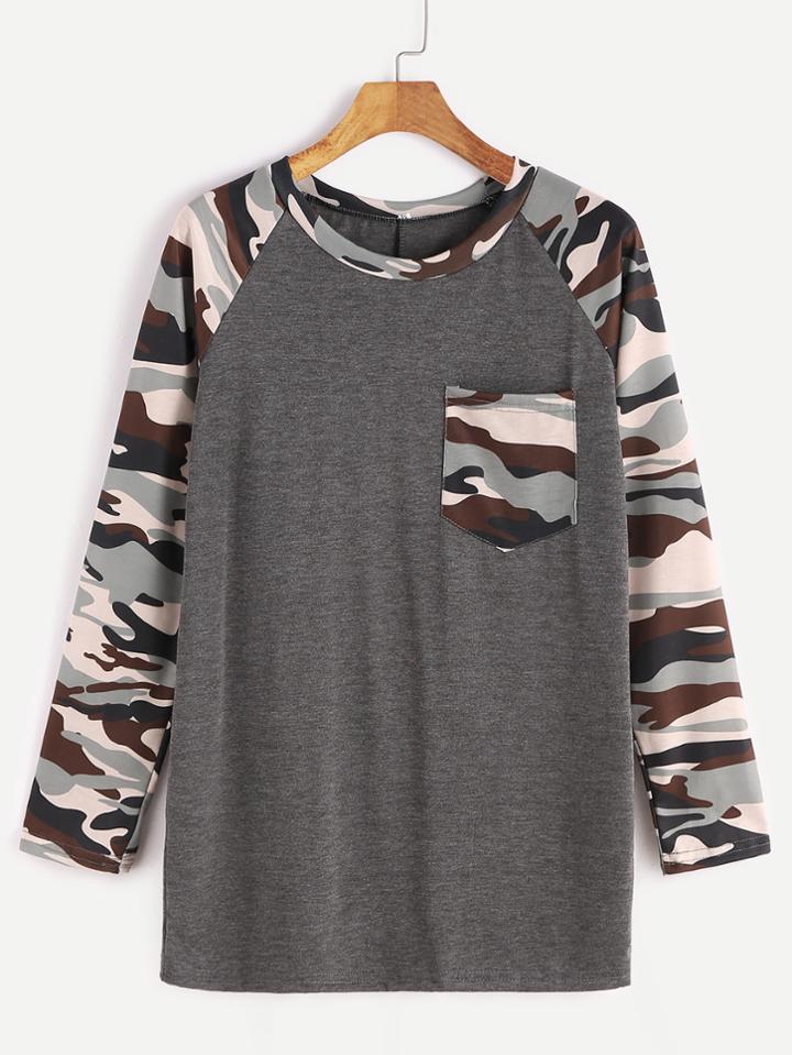 Shein Contrast Camo Print Raglan Sleeve Pocket T-shirt