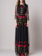 Shein Black Frayed Neck Rose Embroidered Gauze Belted Maxi Dress