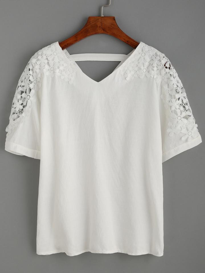 Shein White Crochet Appliques Double V Neck Blouse
