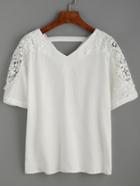 Shein White Crochet Appliques Double V Neck Blouse