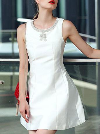 Shein White Round Neck Sleeveless Beading Flare Dress