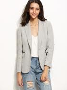 Shein Grey Chevron Tweed Blazer With Elbow Patch