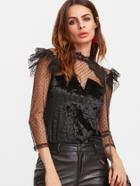 Shein Black Ruffle Trim Dotted Mesh Shoulder Velvet Top