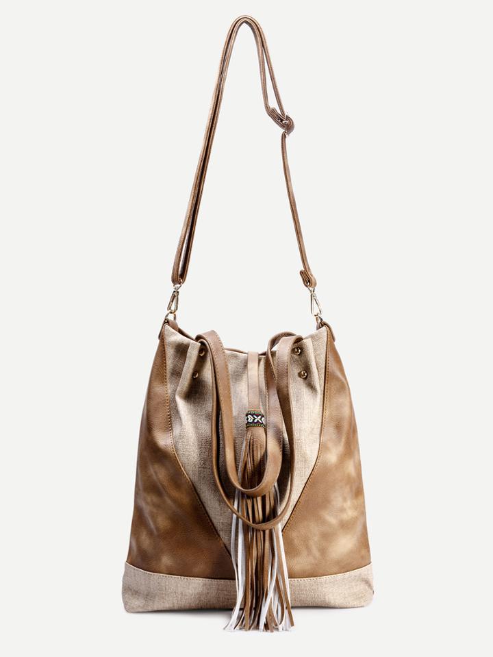Shein Yellow Faux Leather Tassel Trim Drawstring Bucket Bag