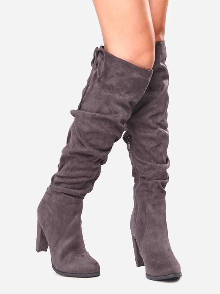 Shein Grey Faux Suede Tie Back Knee Zipper Boots