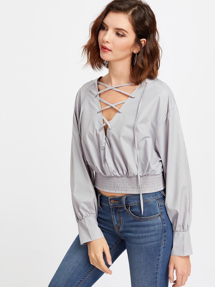 Shein Grey Deep V Neck Lace Up Shirred Hem Blouse
