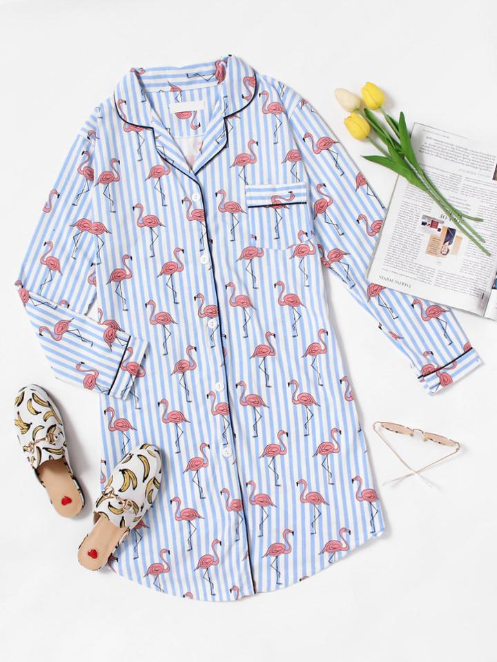 Shein Flamingo Print Striped Shirt Dress