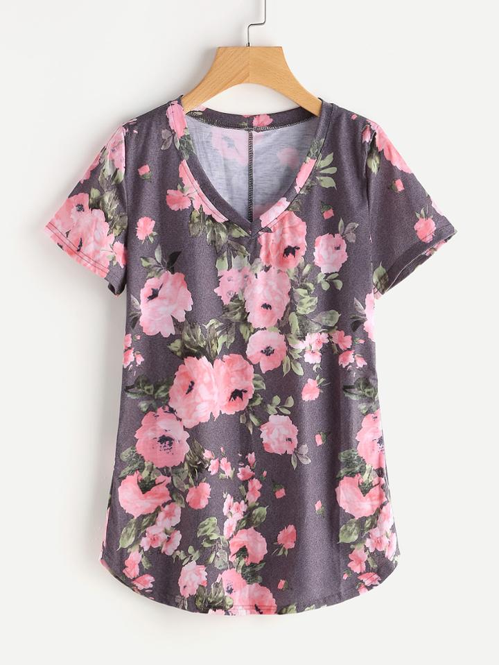 Shein V Neckline Random Florals Curved Hem Tee