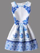 Shein White Vintage Print Sleeveless Zipper Flare Dress