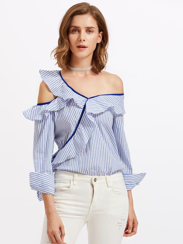 Shein Contrast Trim Asymmetric Shoulder Frill Top