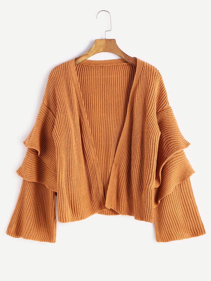 Shein Khaki Drop Shoulder Tiered Bell Sleeve Sweater Coat