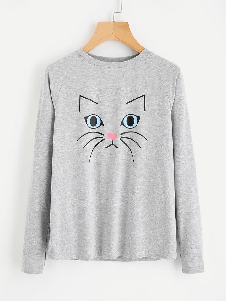 Shein Heather Knit Cat Print Raglan Sleeve Tee