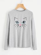 Shein Heather Knit Cat Print Raglan Sleeve Tee