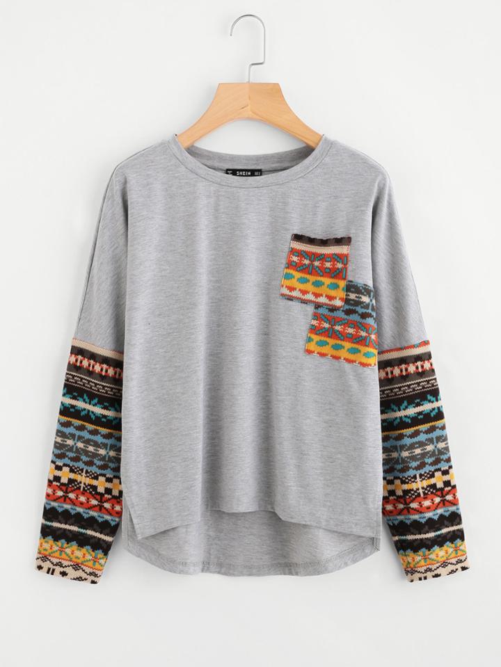 Shein Tribal Print Pocket And Sleeve High Low T-shirt