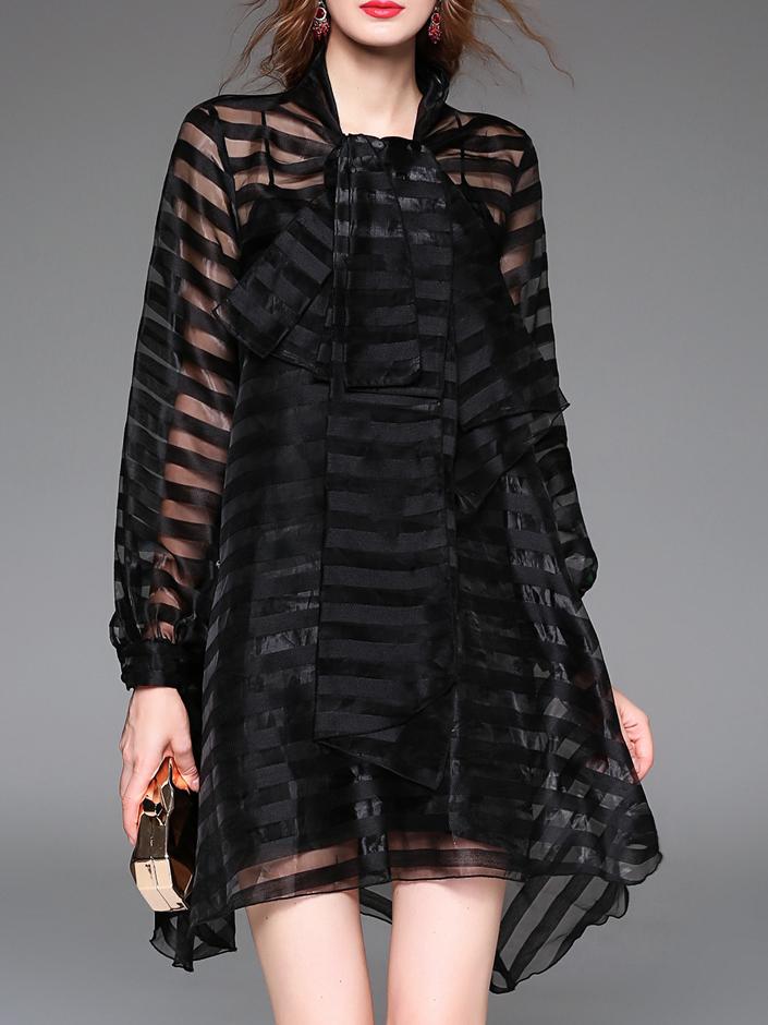 Shein Black Sheer Striped Tie Neck Shift Dress