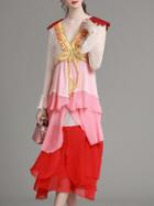Shein Pink V Neck Sequined Ruffle Ombre Dress