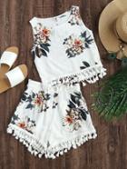 Shein Flower Print Tassel Tank Top And Pleated Shorts Set