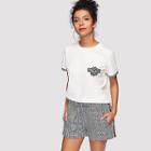 Shein Bee Embroidered Patch Tee With Plaid Shorts