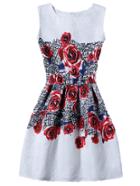 Shein Rose Print Sleeveless A-line Jacquard Dress