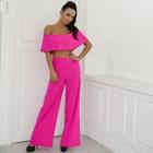 Shein Flounce Foldover Off Shoulder Crop Top And Palazzo Pants Set
