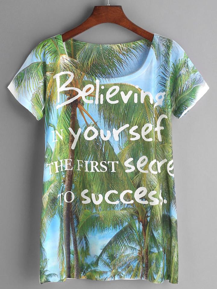 Shein Slogan And Tropical Print T-shirt