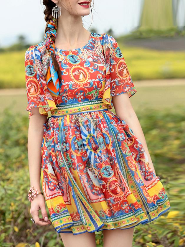 Shein Red Bell Sleeve Tribal Print Dress