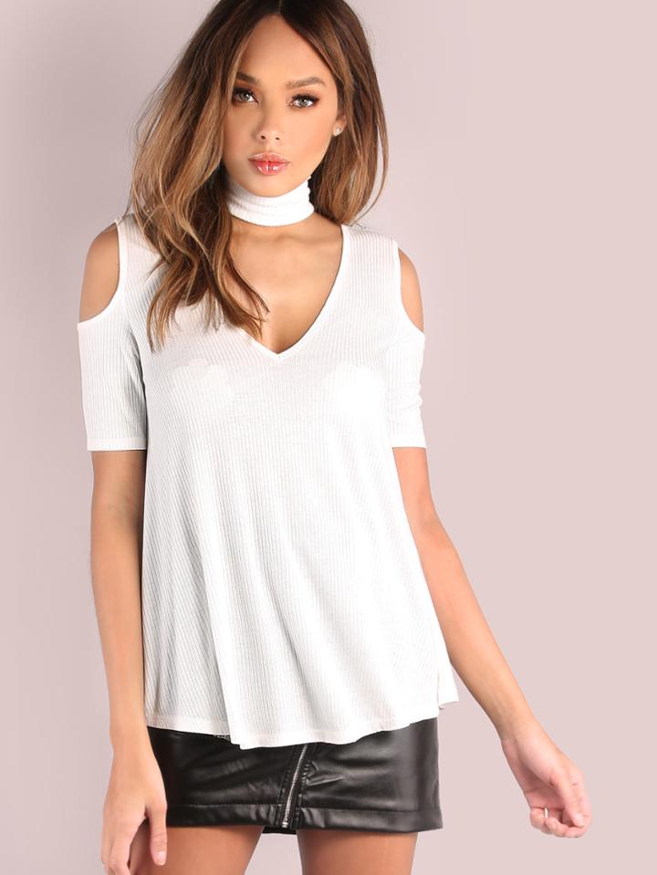 Shein White Cutout Choker Neck Open Shoulder T-shirt