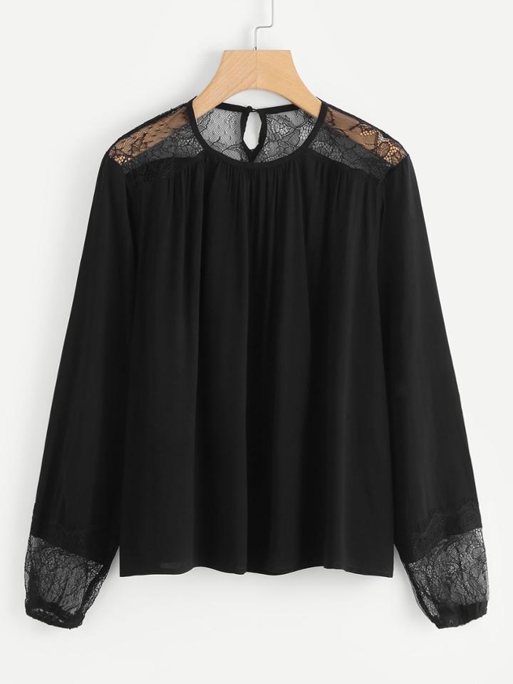 Shein Floral Lace Shoulder And Cuff Top