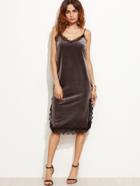 Shein Grey Slit Side Eyelash Lace Trim Velvet Slip Dress