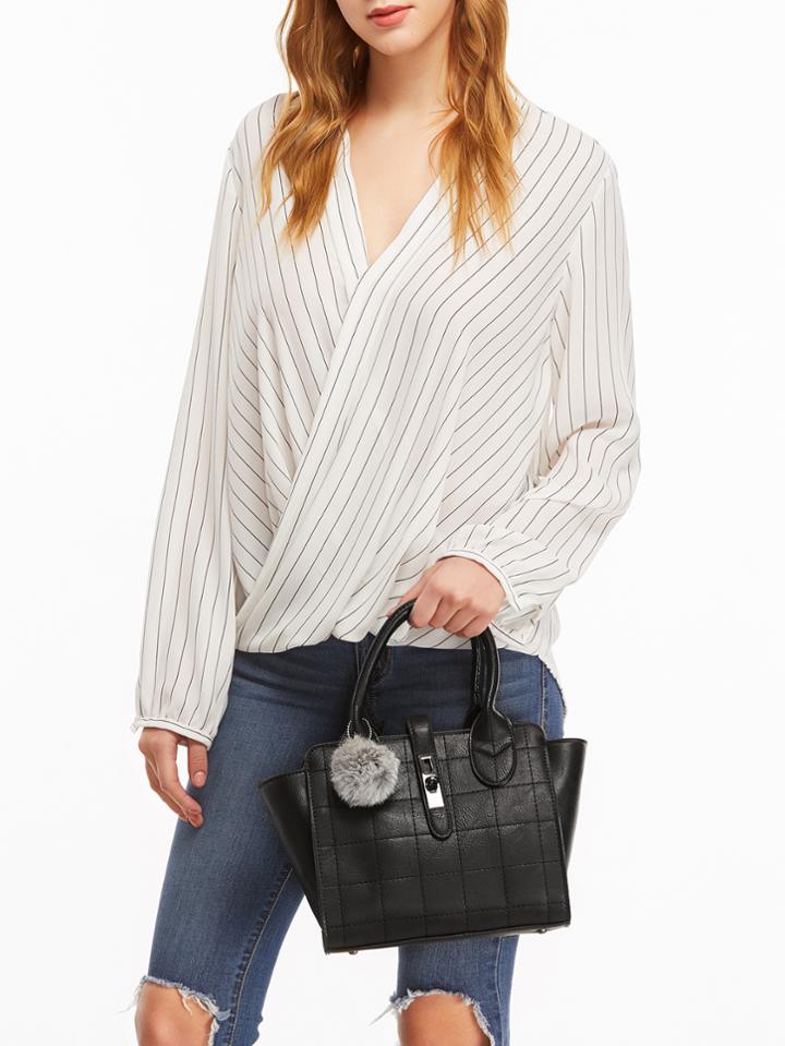 Shein Black Quilted Pu Pom Pom Winged Tote Bag With Strap