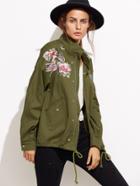 Shein Olive Green Drop Shoulder Embroidered Drawstring Jacket