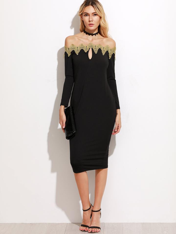 Shein Off The Shoulder Contrast Applique Trim Pencil Dress