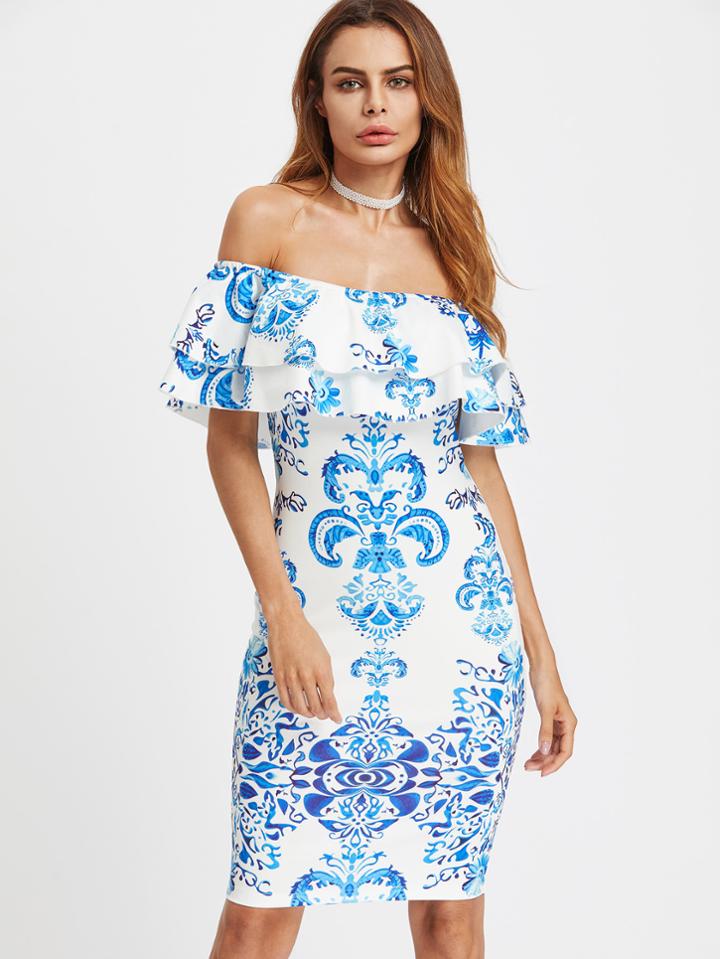 Shein Layered Flounce Bardot Neck Damask Print Dress
