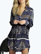 Shein Blue Stand Collar Paisley Print Shirt Dress