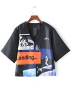 Shein V Neck Cartoon Print Crop Black T-shirt