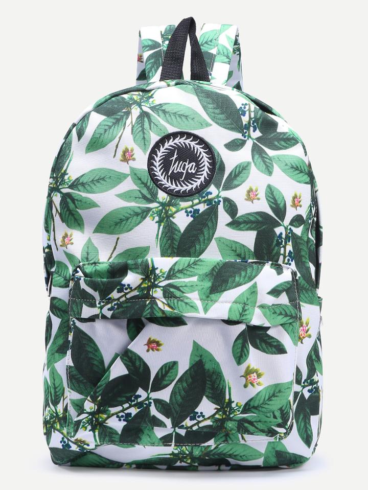 Shein Green Leaf Print Embroidered Canvas Backpack